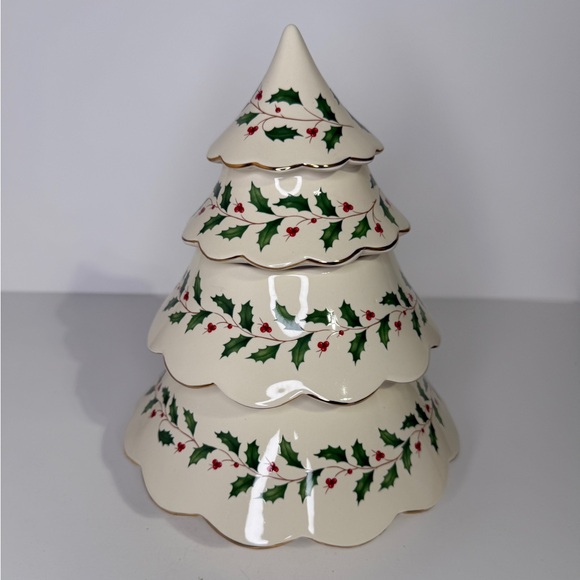 Lenox Archive Christmas Holiday Tree Cookie Jar with Holly Design - Picture 2 of 13